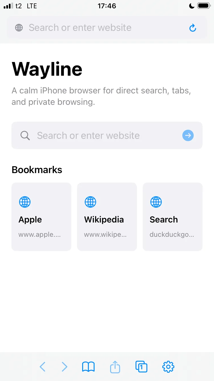Wayline Browser start page on iPhone