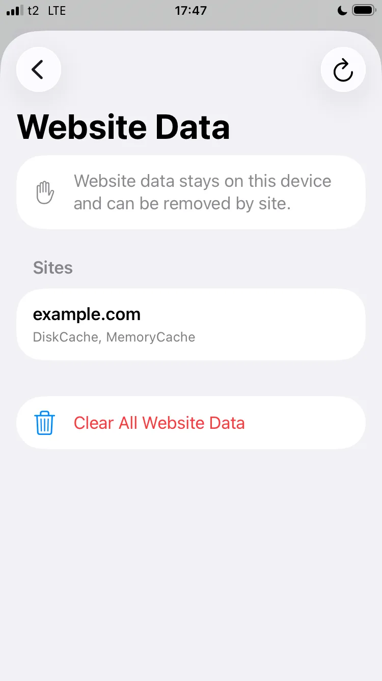Wayline Website Data screen showing per-site cache controls on iPhone